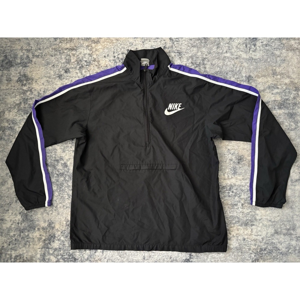 Vintage Nike 1/3 Anorak Jacket XL Black Purple Track Pullover‎ Pocket 1/4 Zip